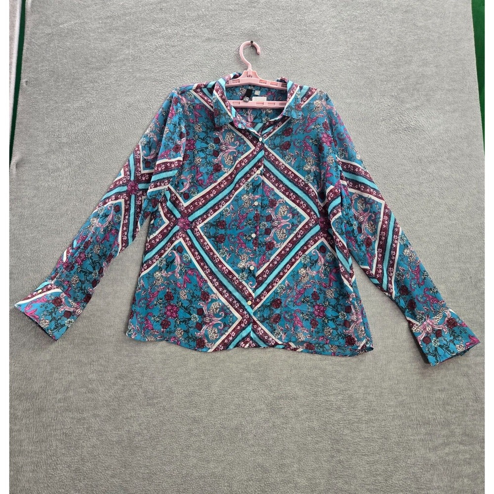 KUT from the‎ Kloth Women Top XL Blue Floral Blouse Long Sleeve Collar Polyester